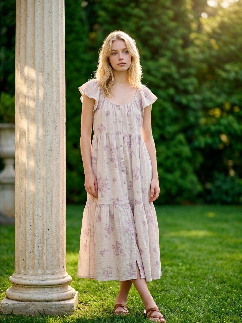 Wishlist apparel Light Lavender Floral Maxi Dress with Ruffled Sleeves